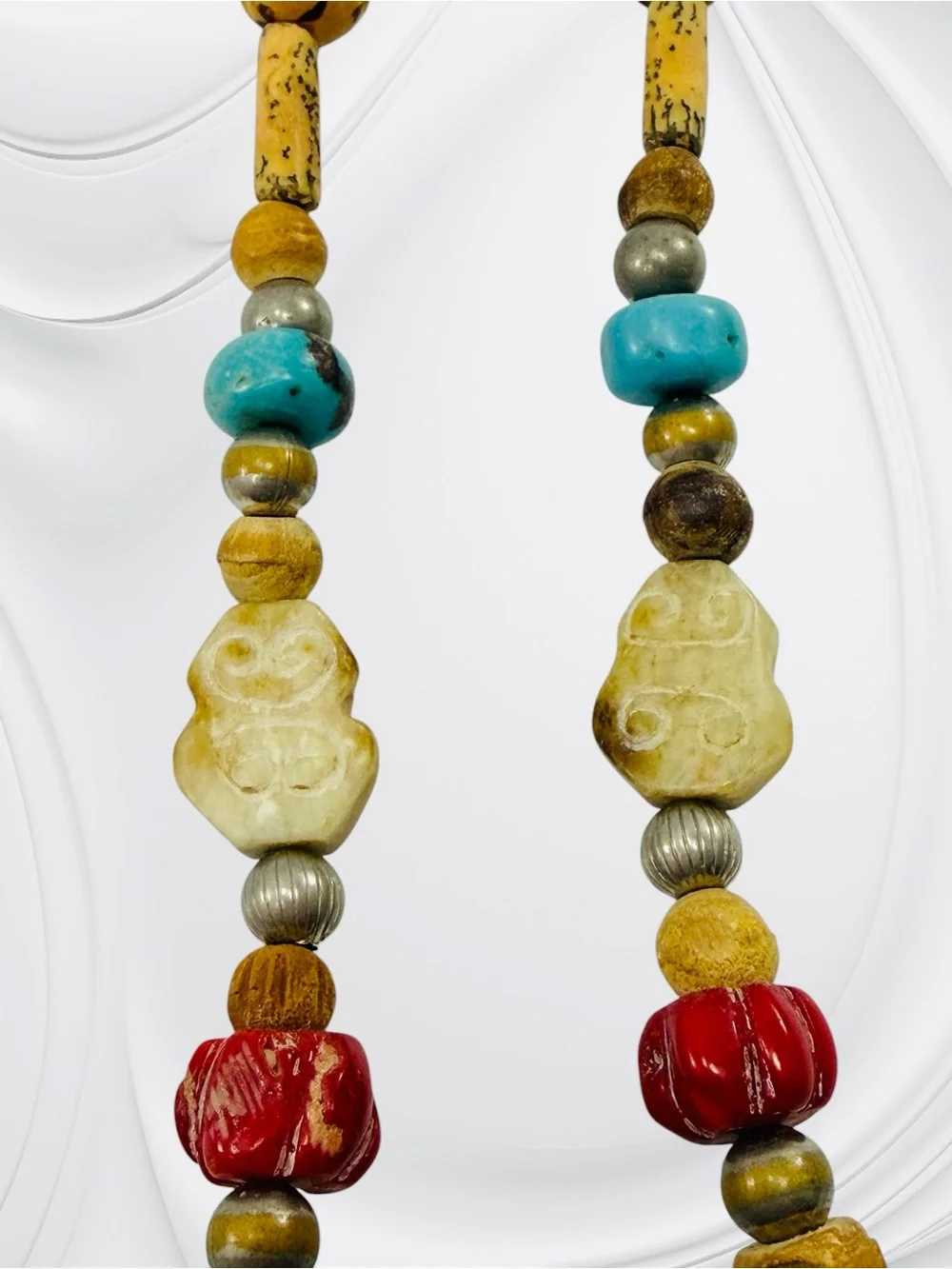 Tibetan Style Wood Stone Pendant Bead Necklace 18” Boho Dangle Red Turquoise
